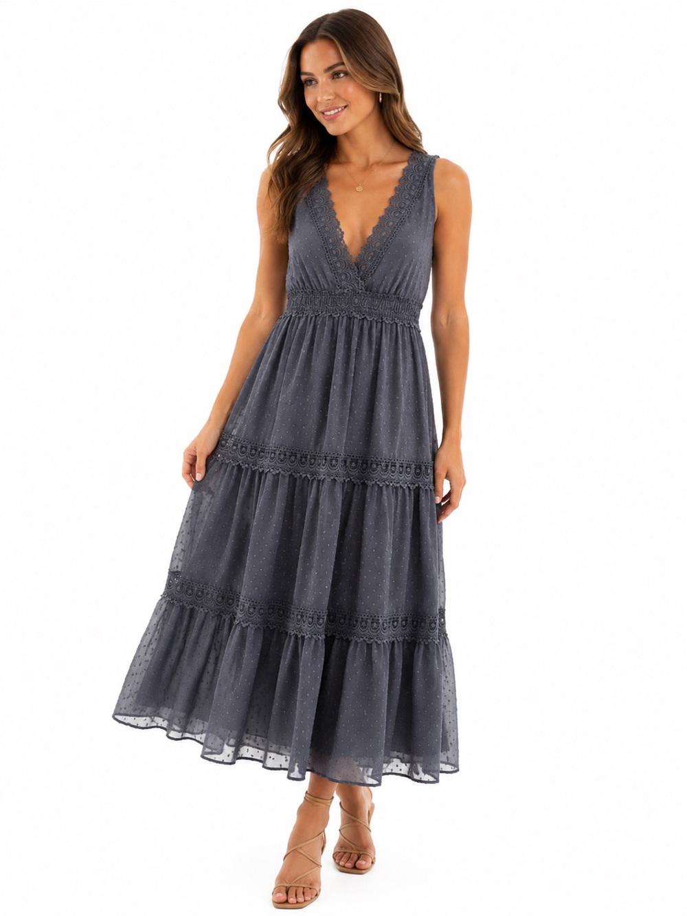 Mint & Choco Blue Swiss Dot Lace Tiered Maxi Dress | Size Small